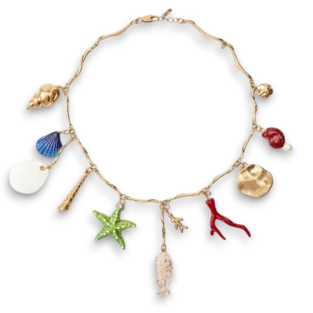 ZARA Multi-Charm Necklace with Shells Fish Gold tone NWT